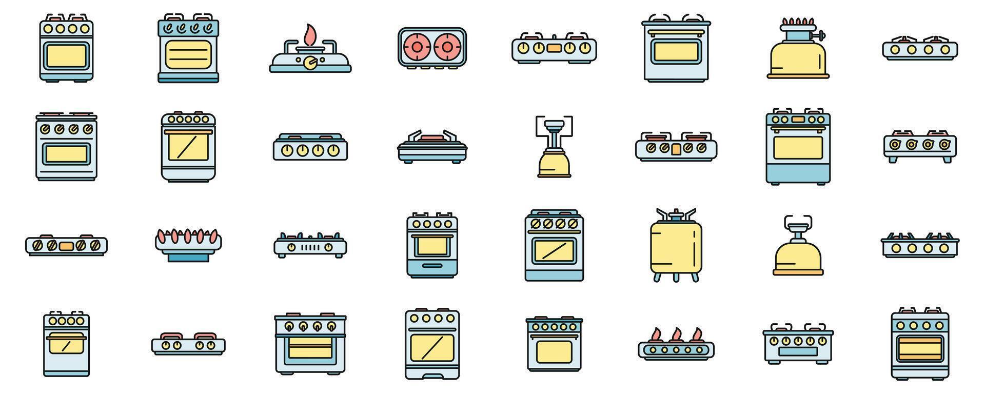 ardente gas stufa icone impostato vettore colore linea