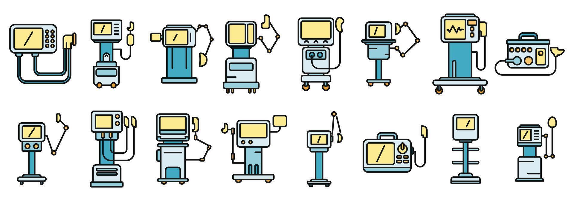 ventilatore medico macchina icone impostato vettore colore linea