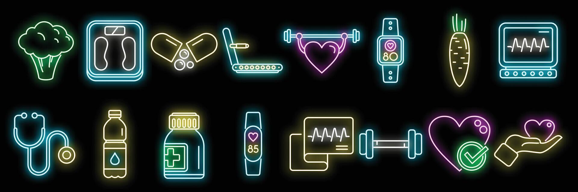 icone del cuore sano set vettore neon