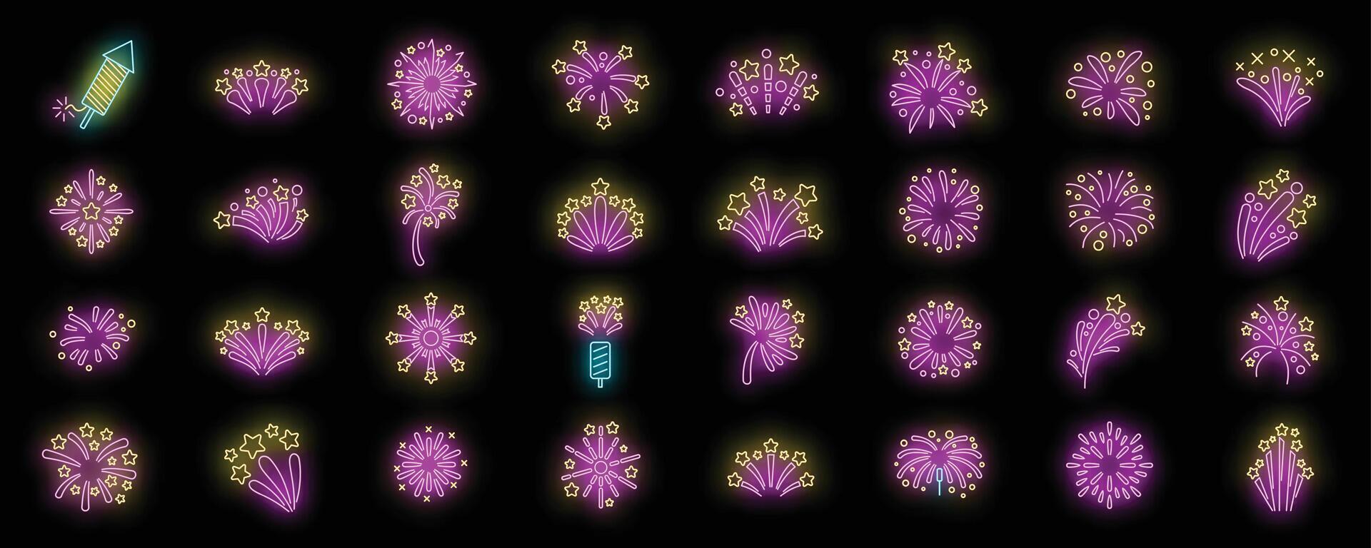 le icone dei fuochi d'artificio impostano il neon di vettore