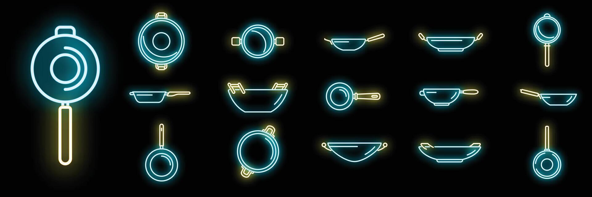 le icone della padella wok impostano il neon vettoriale