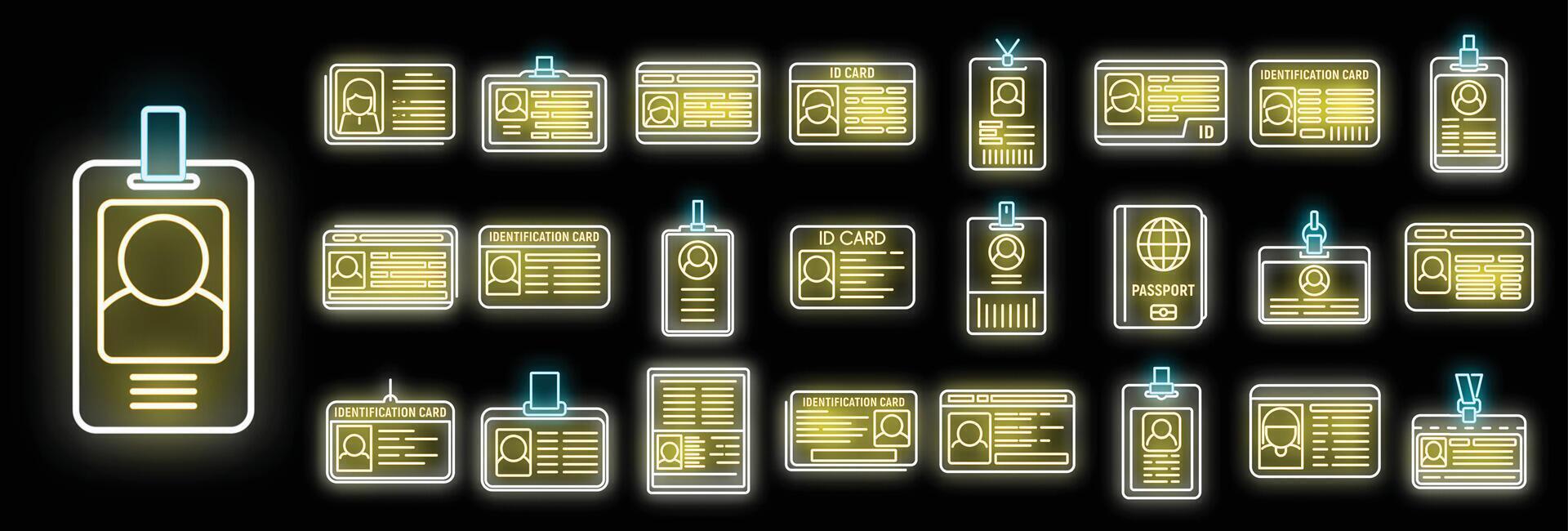 le icone della carta d'identità impostano il neon vettoriale