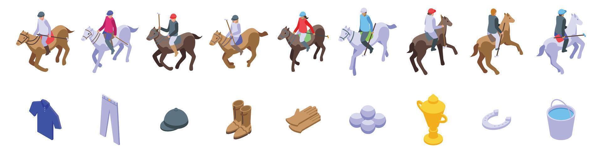 cavallo ciclista giocando polo gioco icone impostato isometrico vettore. bastone maglio vettore