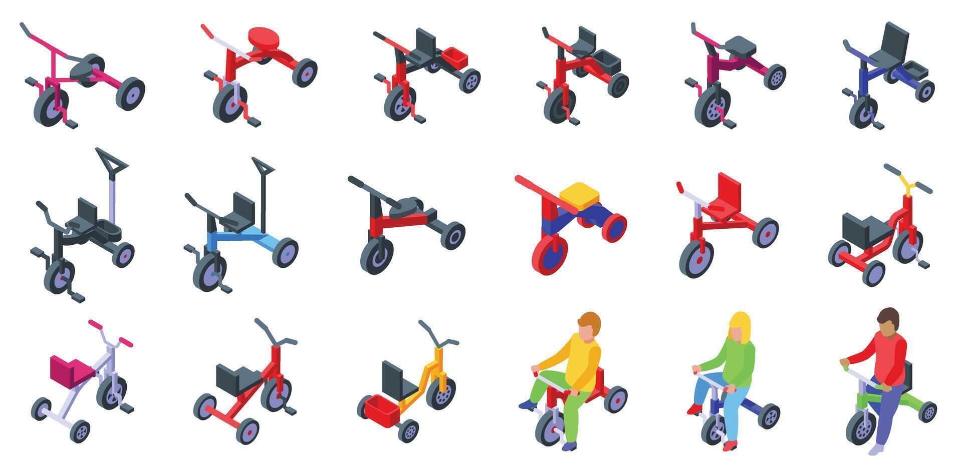 bambini triciclo icone impostato isometrico vettore. equitazione bicicletta vettore