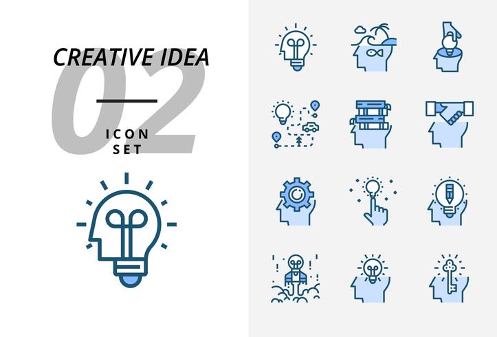 Icon pack per idea creativa, brainstorming, idea, creativo, lampadina, viaggio, strada, viaggio, piano, libro, educazione, stretta di mano, affari, gestione, matita. vettore