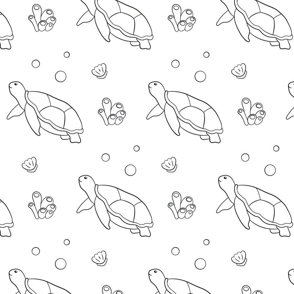 modello con sottomarino animale tartaruga nel linea arte stile. conchiglia, corallo, alga marina, bolle. vettore illustrazione su un' bianca sfondo.