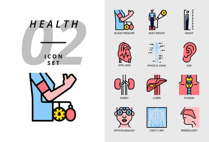 Icon pack per salute, ospedale, pressione sanguigna, peso corporeo, altezza, segno vitale, esame fisico, orecchio, rene, fegato, tiroide, oculista, radiografia del torace, rinologia. vettore