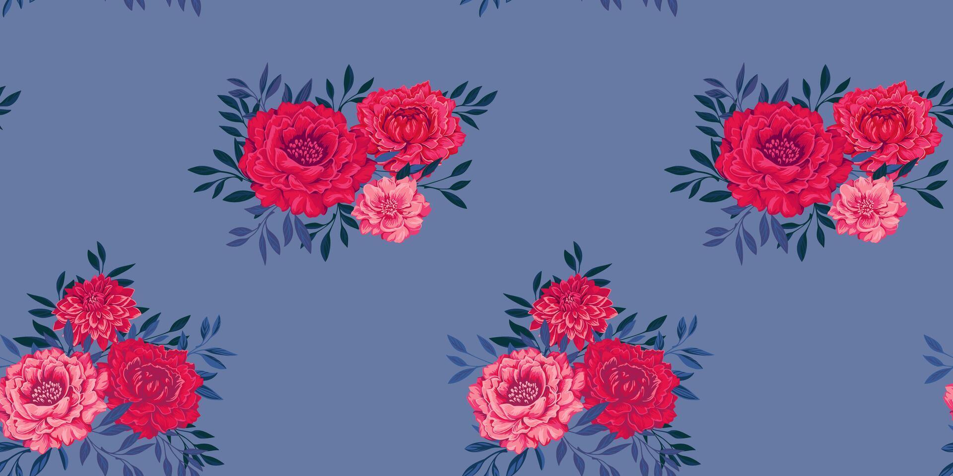 luminosa rosso mazzi di fiori di stilizzato fiori peonie, e minuscolo delicatamente rami le foglie su un' blu sfondo. vettore disegnato illustrazione. astratto, artistico floreale senza soluzione di continuità modello. design per moda