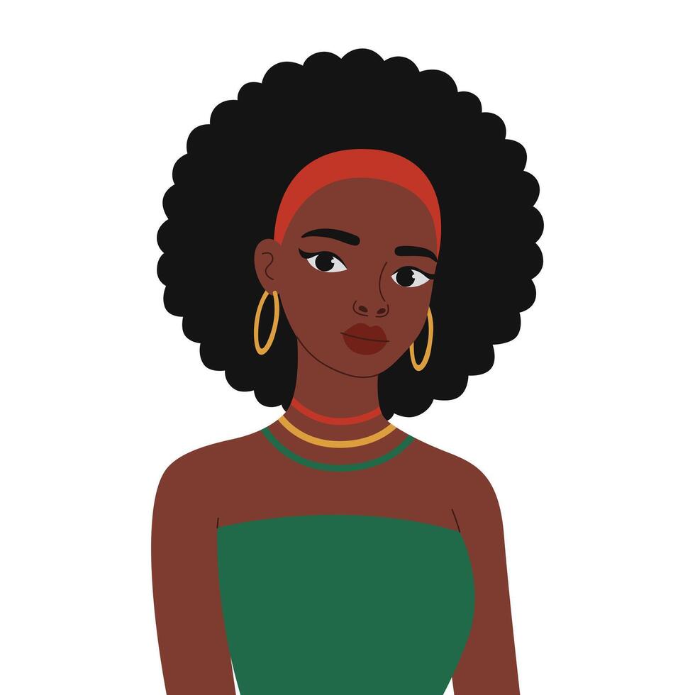 africano americano bellissimo donna ritratto. nero ragazza nel etnico gioielleria. vettore piatto illustrazione isolato su bianca sfondo