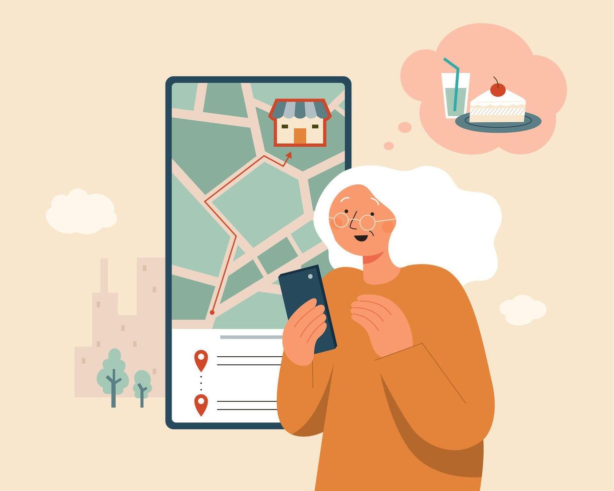 piatto illustrazione di un' anziano donna utilizzando GPS carta geografica navigazione App per trova un' ristorante su smartphone schermo vettore