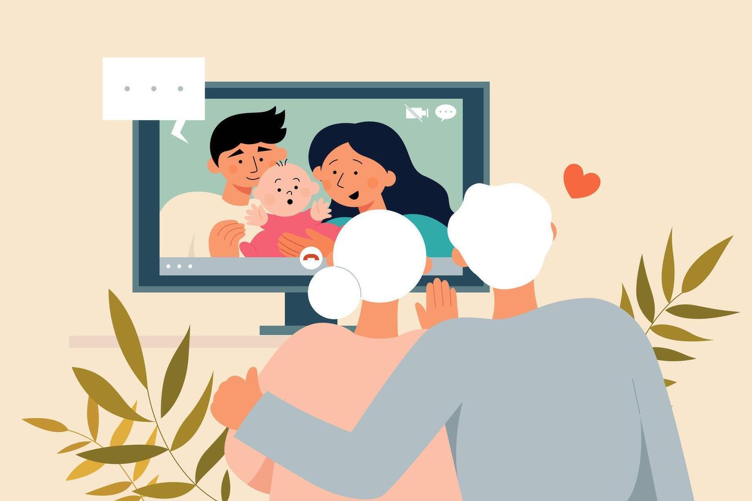piatto illustrazione di un' anziano coppia avendo video chiamata con loro famiglia membri su televisione a casa vettore