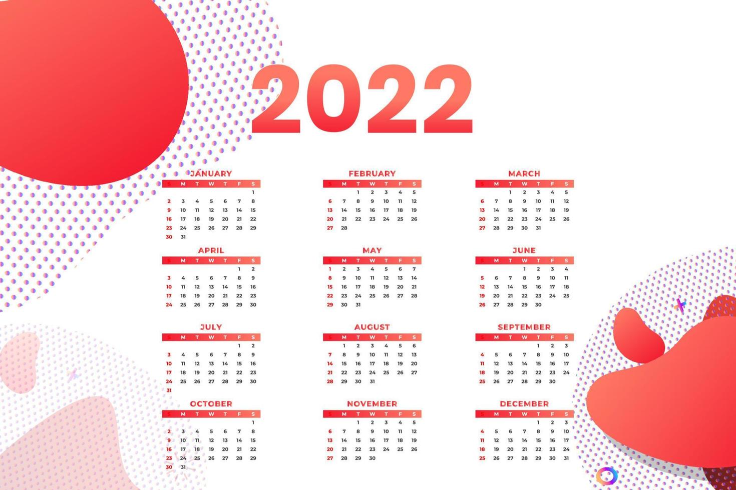 modello di calendario mensile per l'anno 2022. la settimana inizia di domenica. calendario da parete in stile minimalista. vettore