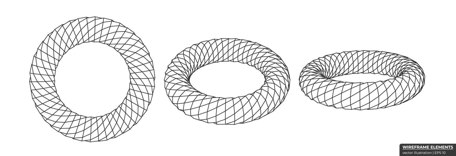 collezione di lowpoly 3d poligonale ciambelle. astratto 3d toro wireframe. ciambella griglia geometria vettore illustrazione