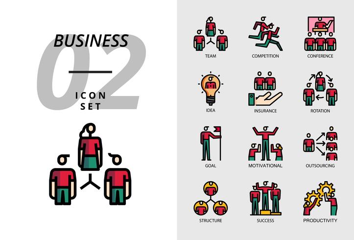 Icon pack per business, team, competizione, conferenza, idea, assicurazione, rotazione, obiettivo, motivazione, outsourcing, struttura, successo, produttività. vettore