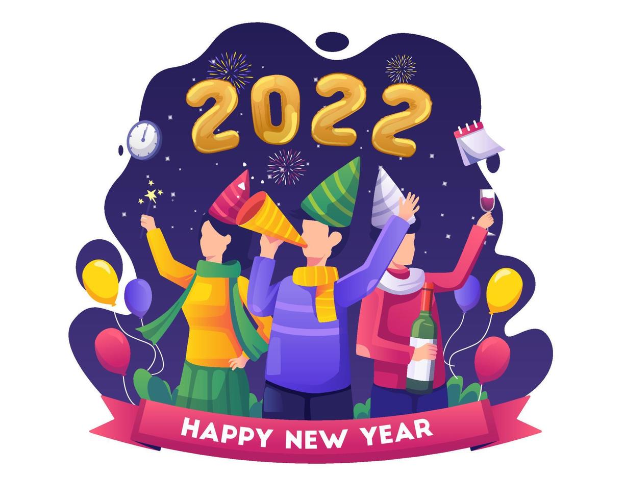 gruppo di persone hanno una festa insieme per festeggiare il capodanno 2022. l'uomo suona la tromba, la donna fa partire i fuochi d'artificio. illustrazione vettoriale piatta