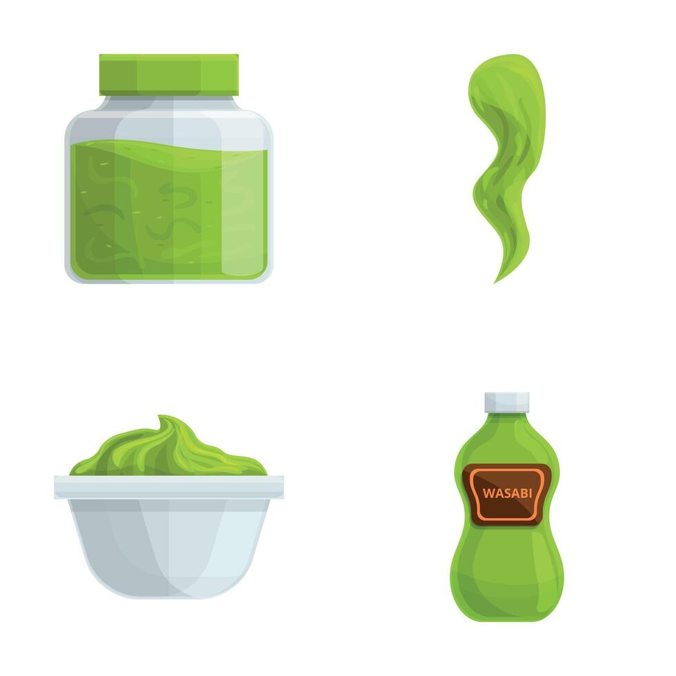 wasabi icone impostato cartone animato vettore. wasabi nel bottiglia e ciotola vettore