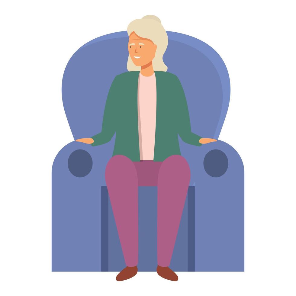 contento nonna rilassare a poltrona icona cartone animato vettore. famiglia anziano seduta vettore