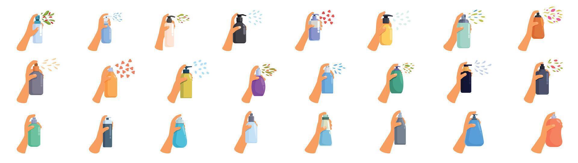 mani profumo distributore icone impostato cartone animato vettore. umano aerosol vettore