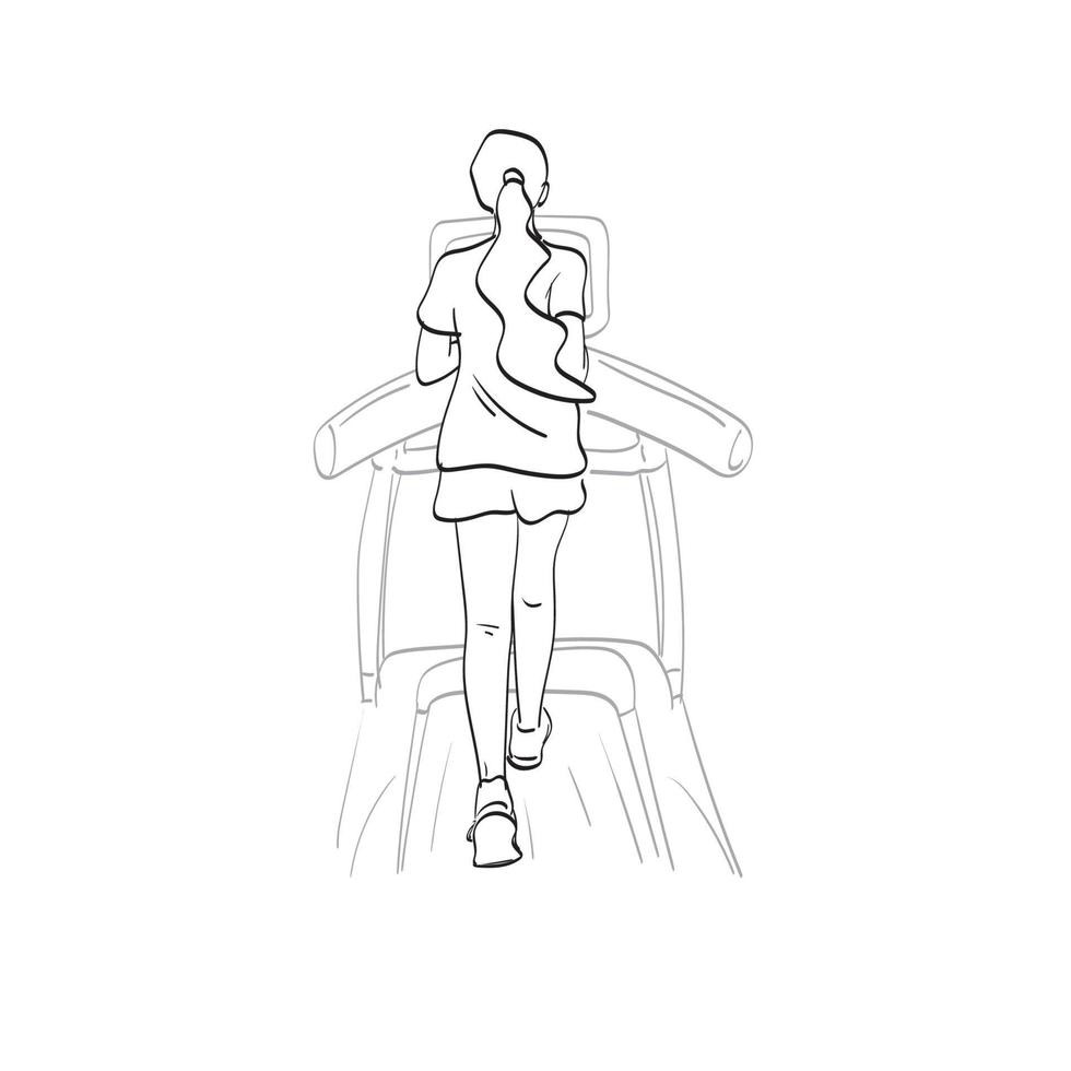 vista posteriore della femmina a figura intera che corre sul tapis roulant in palestra illustrazione vettoriale isolato su sfondo bianco line art.