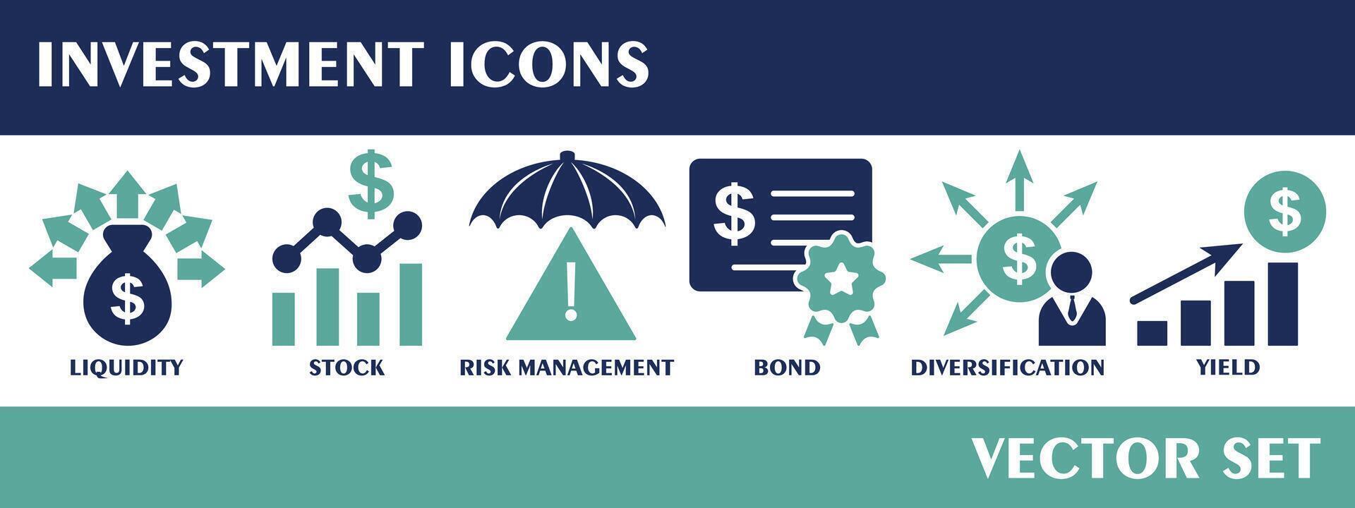 investimento icone. contenente liquidità, scorta, rischio gestione, legame, diversificazione, prodotto. solido icona collezione. vettore impostare.