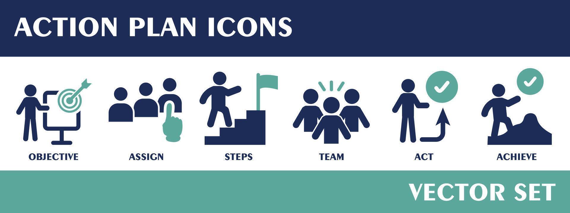 azione Piano icone. contenente obbiettivo, assegnare, passi, squadra, atto, raggiungere. piatto design vettore impostare.
