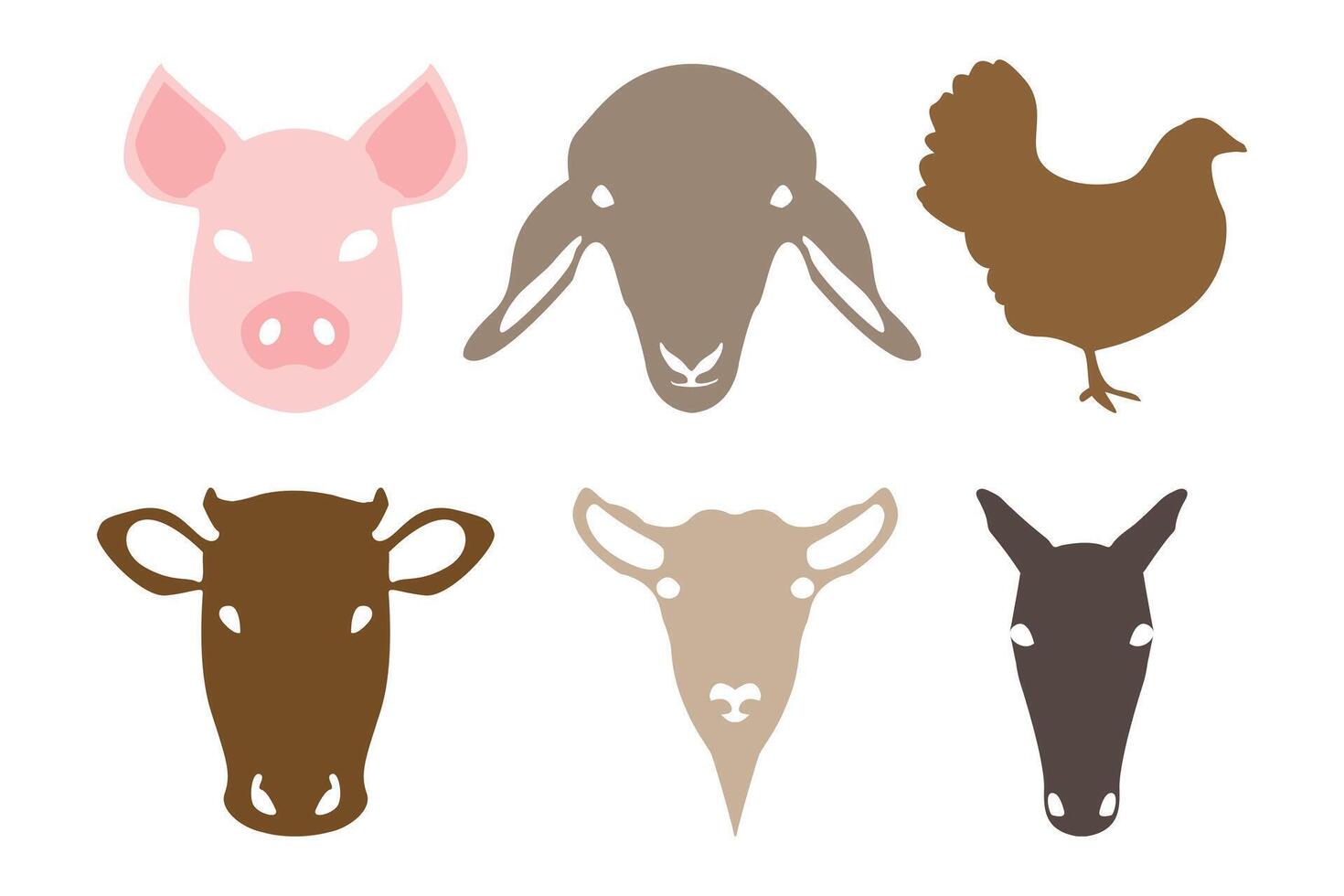 maiale, pecora, pollo, mucca, capra e cavallo domestico azienda agricola animale facce o teste collezione isolato vettore