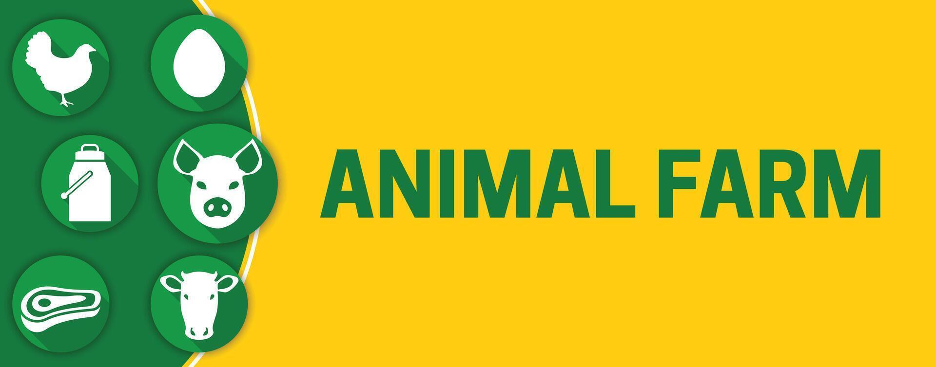 animale azienda agricola bandiera illustrazione con mucca, pollo, maiale, latte, uovo e carne bistecca icone vettore