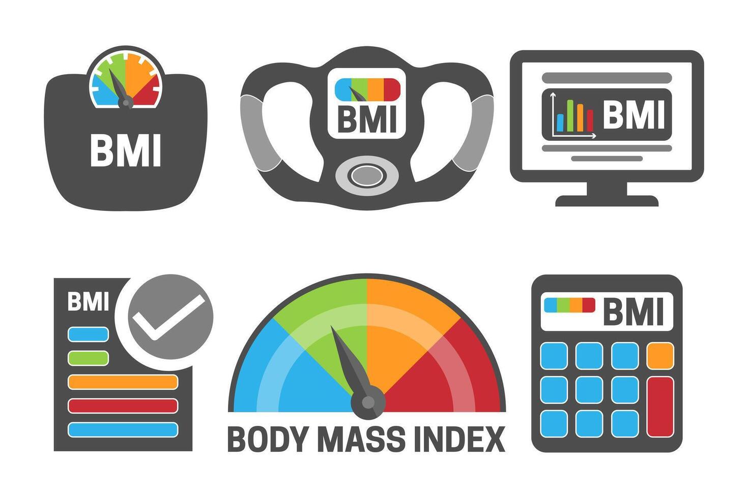 bmi corpo massa indice calcolo grigio illustrazione icona impostato con bmi macchina, scala misurazione e Salute, bmi calcolatrice icone. vettore