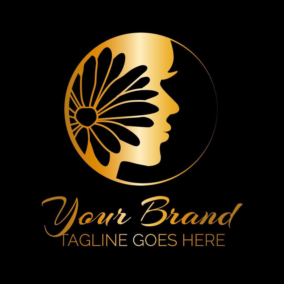 oro bellezza salone logo con donna viso e fiore vettore