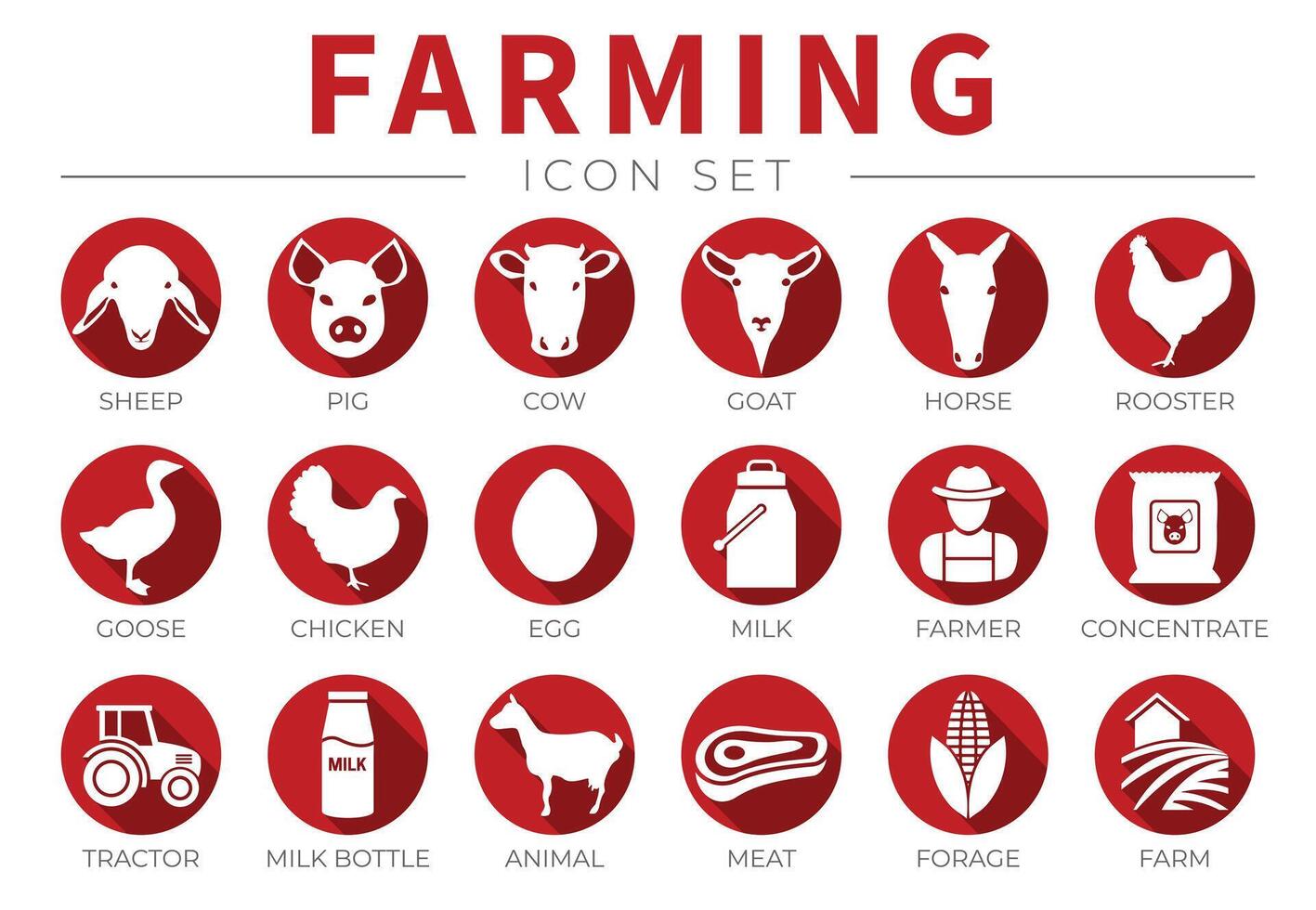 rosso piatto agricoltura o azienda agricola icona impostato di pecora, maiale, mucca, capra, cavallo, gallo, oca, pollo, uovo, latte, contadino, concentrati, trattore, bottiglia, animale, carne e foraggio icone. vettore