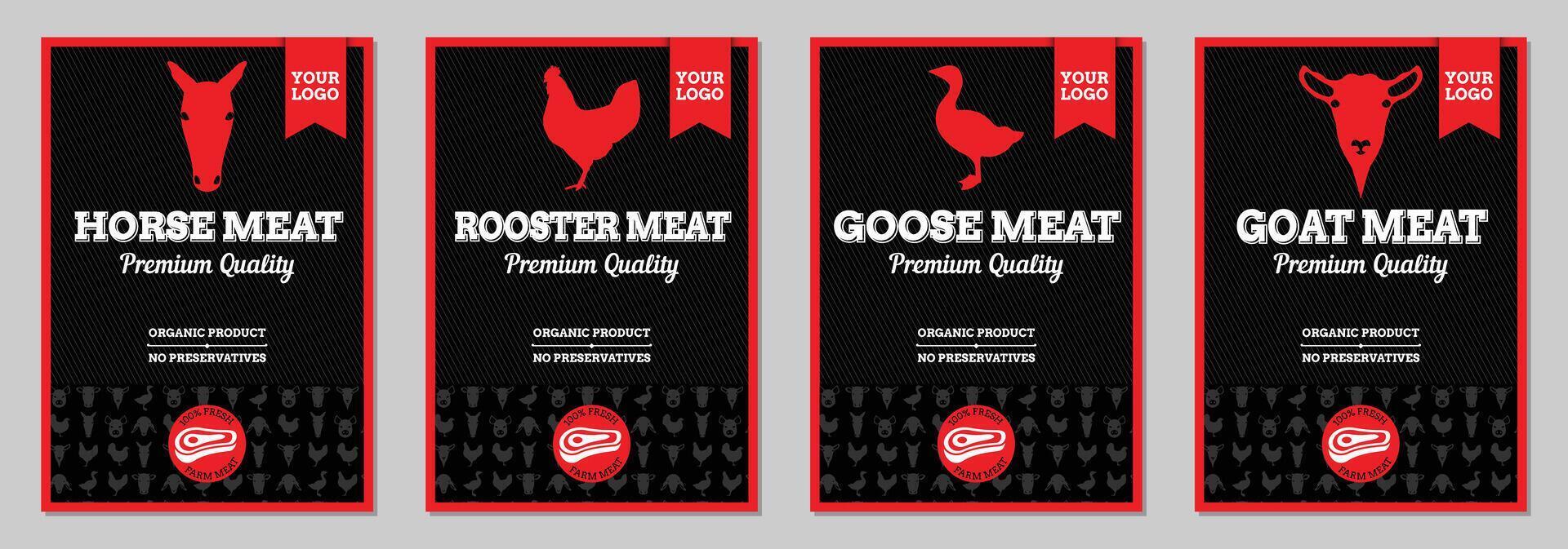 cavallo, gallo, Oca e capra carne confezione etichettato design vettore