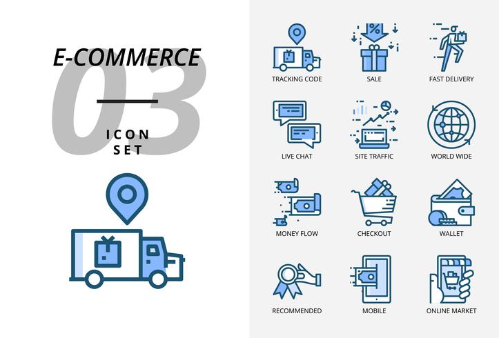 Icon pack per e-commerce, codice di monitoraggio, vendita, consegna rapida, flusso di denaro, cassa, portafoglio, chat dal vivo, traffico sul sito, in tutto il mondo, mobile, mercato online. vettore