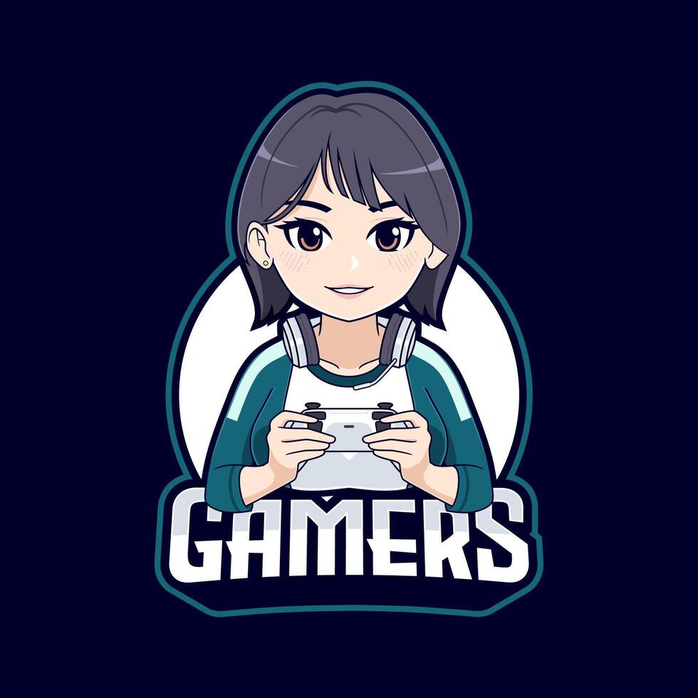 carino asiatico gamer ragazza nel felpa con cappuccio logo vettore