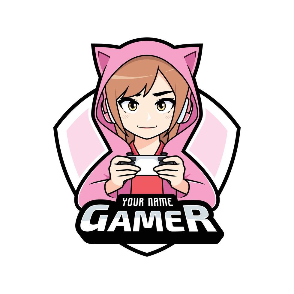 carino gamer anime ragazza con consolle gioco esport logo vettore