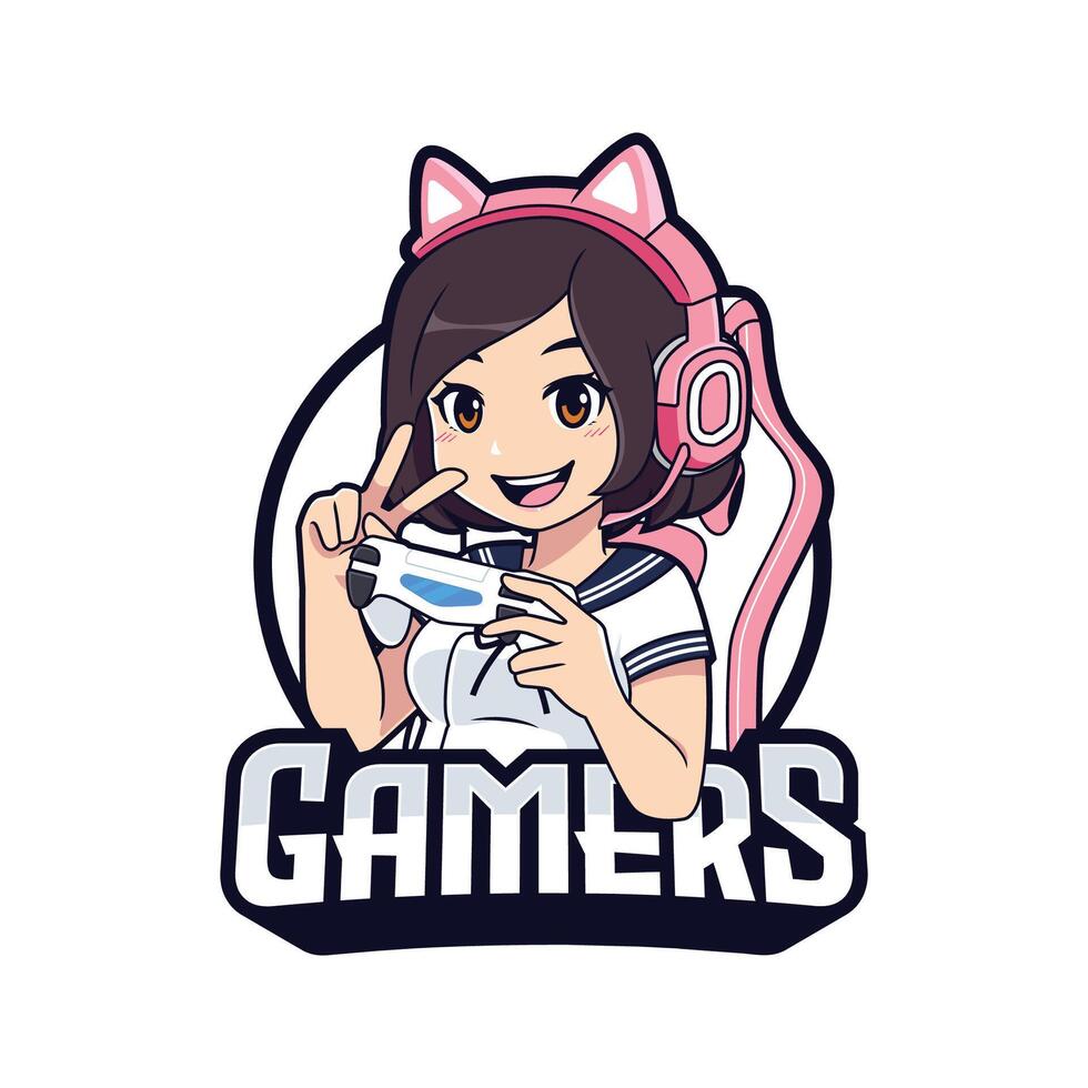 carino gamer personaggio portafortuna logo, gamer ragazza cartone animato esport logo modello vettore