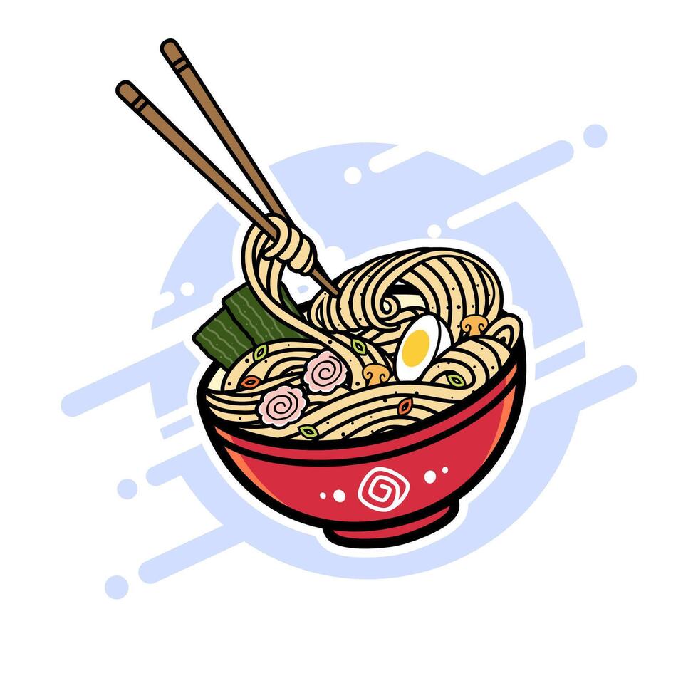 ramen spaghetto ciotola cartone animato vettore illustrazione con fungo fette, uovo e alga marina. tradizionale giapponese cucina piatto