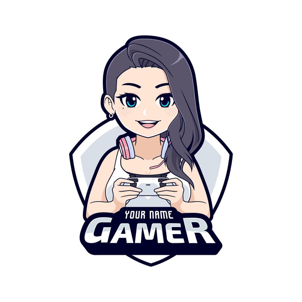 carino elegante gamer ragazza cartone animato personaggio gioco logo vettore