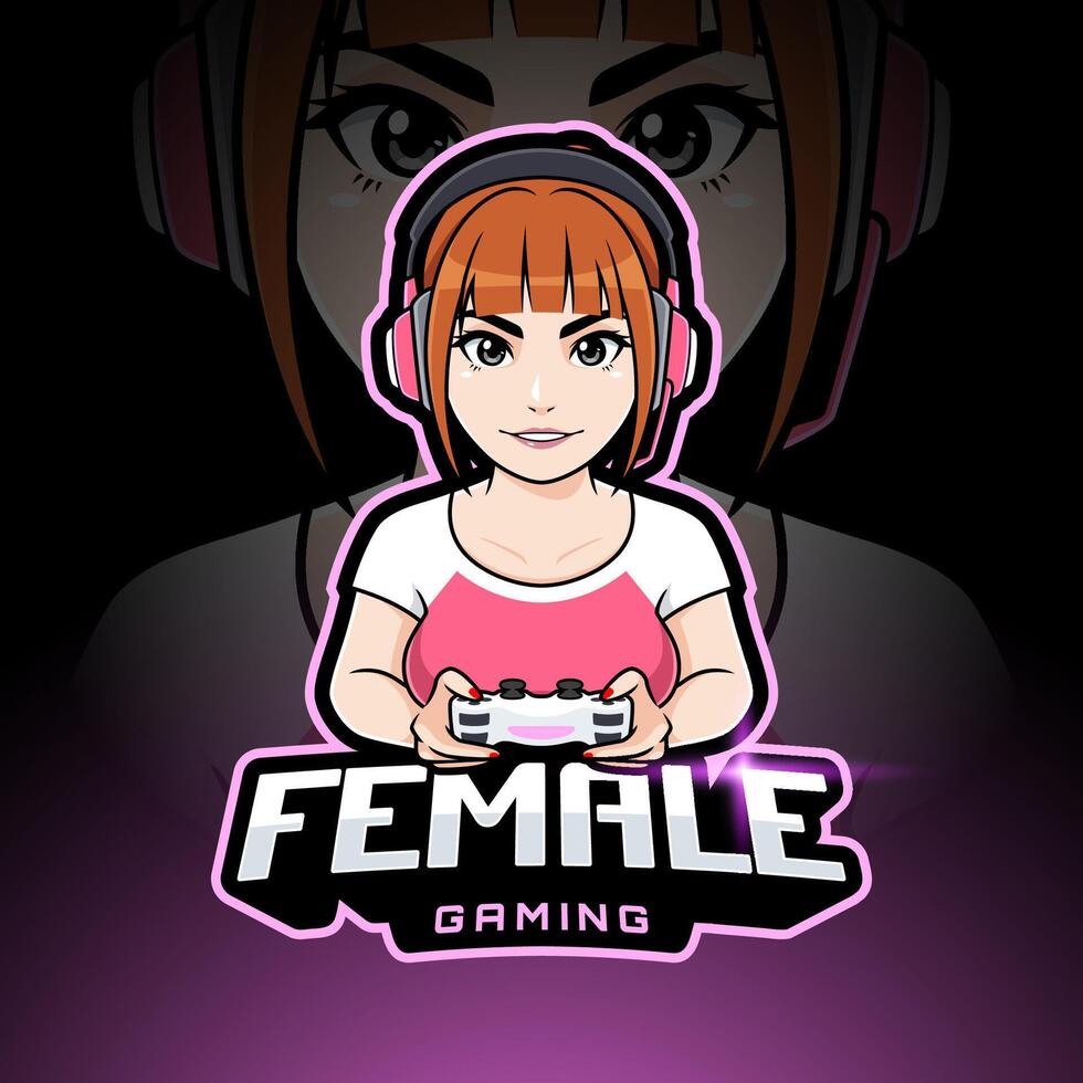 femmina gamer personaggio portafortuna logo, gamer ragazza esport logo modello vettore