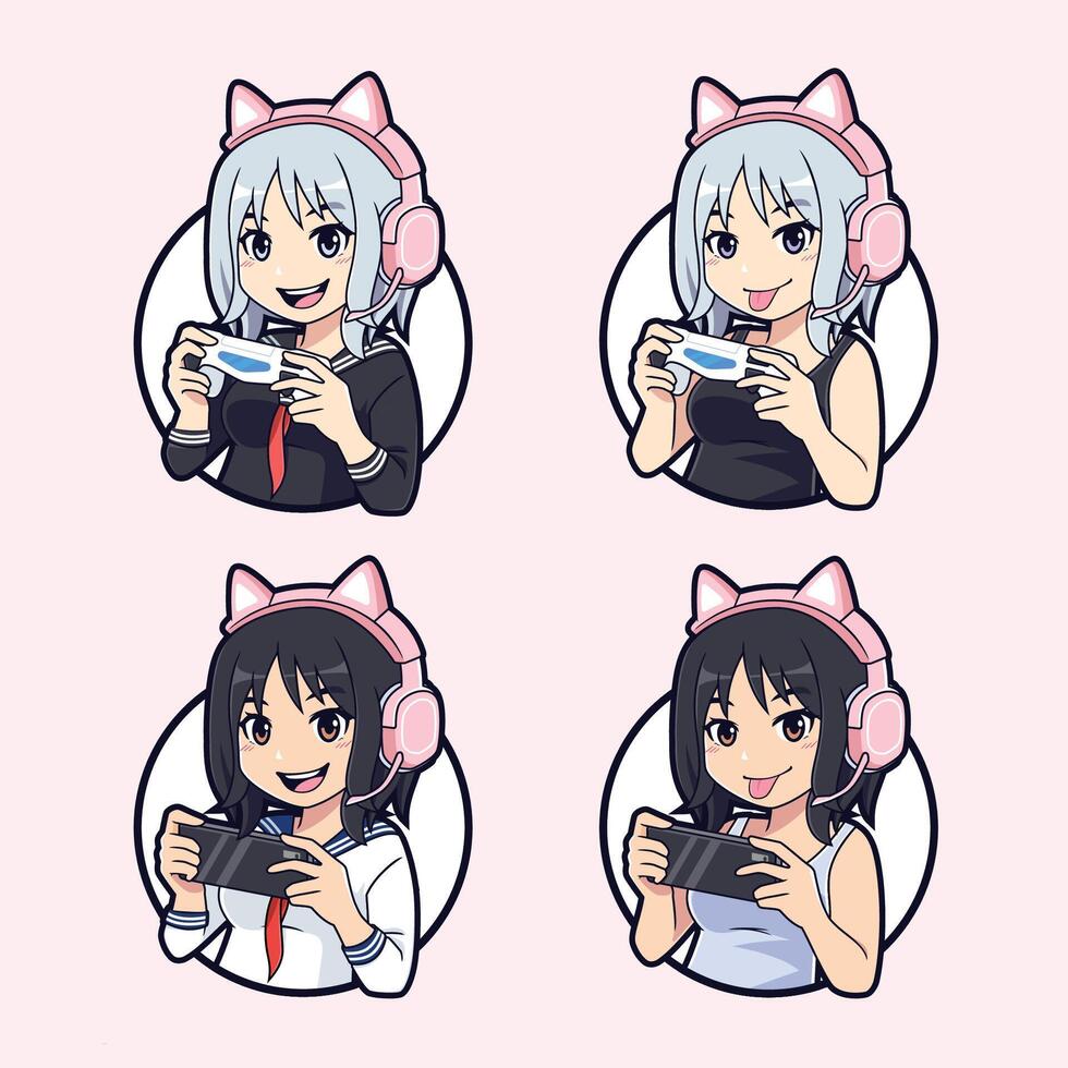 carino asiatico gamer ragazza logo impostato vettore