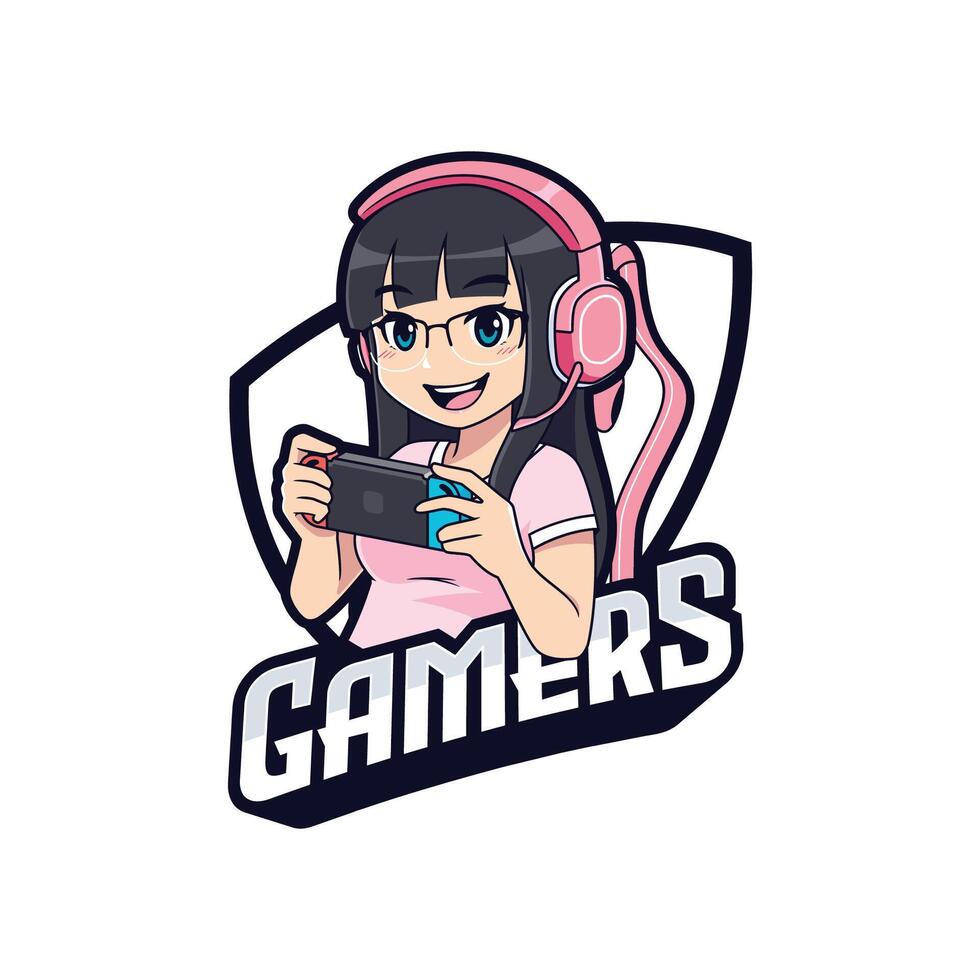 carino gamer ragazza con gamepad consolle gioco logo vettore