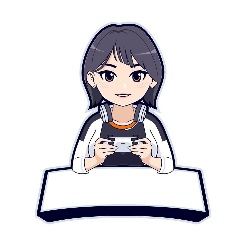 gamer ragazza esport Tenere telecomando da gioco portafortuna logo con vuoto bandiera vettore