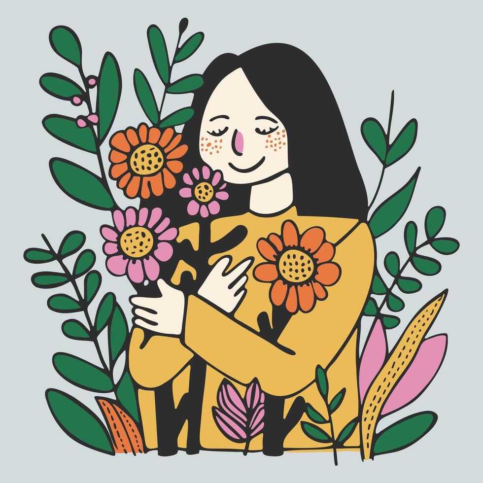 contento donna detiene mazzo di fiori, occhi chiuso con piacere. fiori siamo nel sua braccia e lei è circondato di verdura vettore