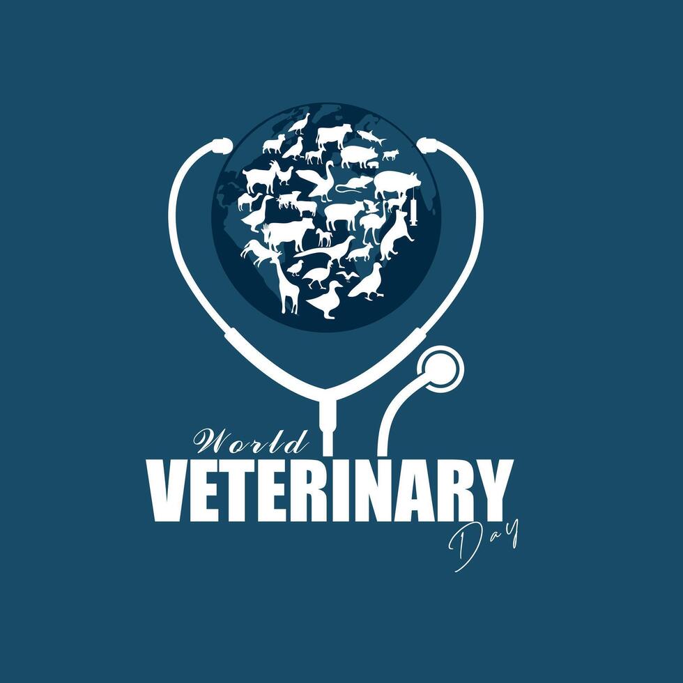 mondo veterinario giorno. animale domestico silhouette e stetoscopio su terra globo sfondo. mondo veterinario giorno striscione, manifesto, sociale media inviare, ragnatela design sfondo modello vettore azione