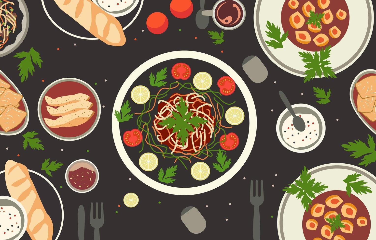 superiore Visualizza di baguette spaghetto cibo piatti su cenare tavolo per Nowruz celebrazione vettore