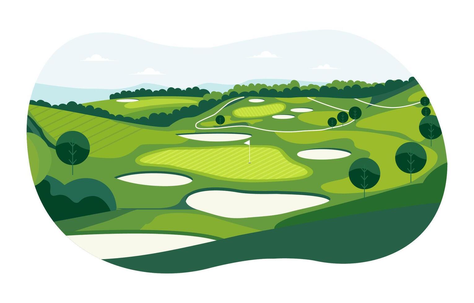 natura paesaggio di golf sport campo corso con cespuglio albero nel luminosa cielo vettore