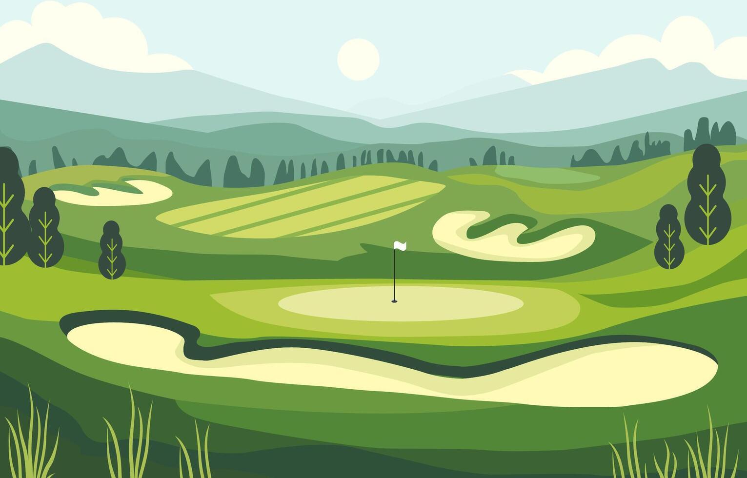 natura paesaggio di verde golf campo corso con collina montagna Visualizza nel luminosa giorno vettore