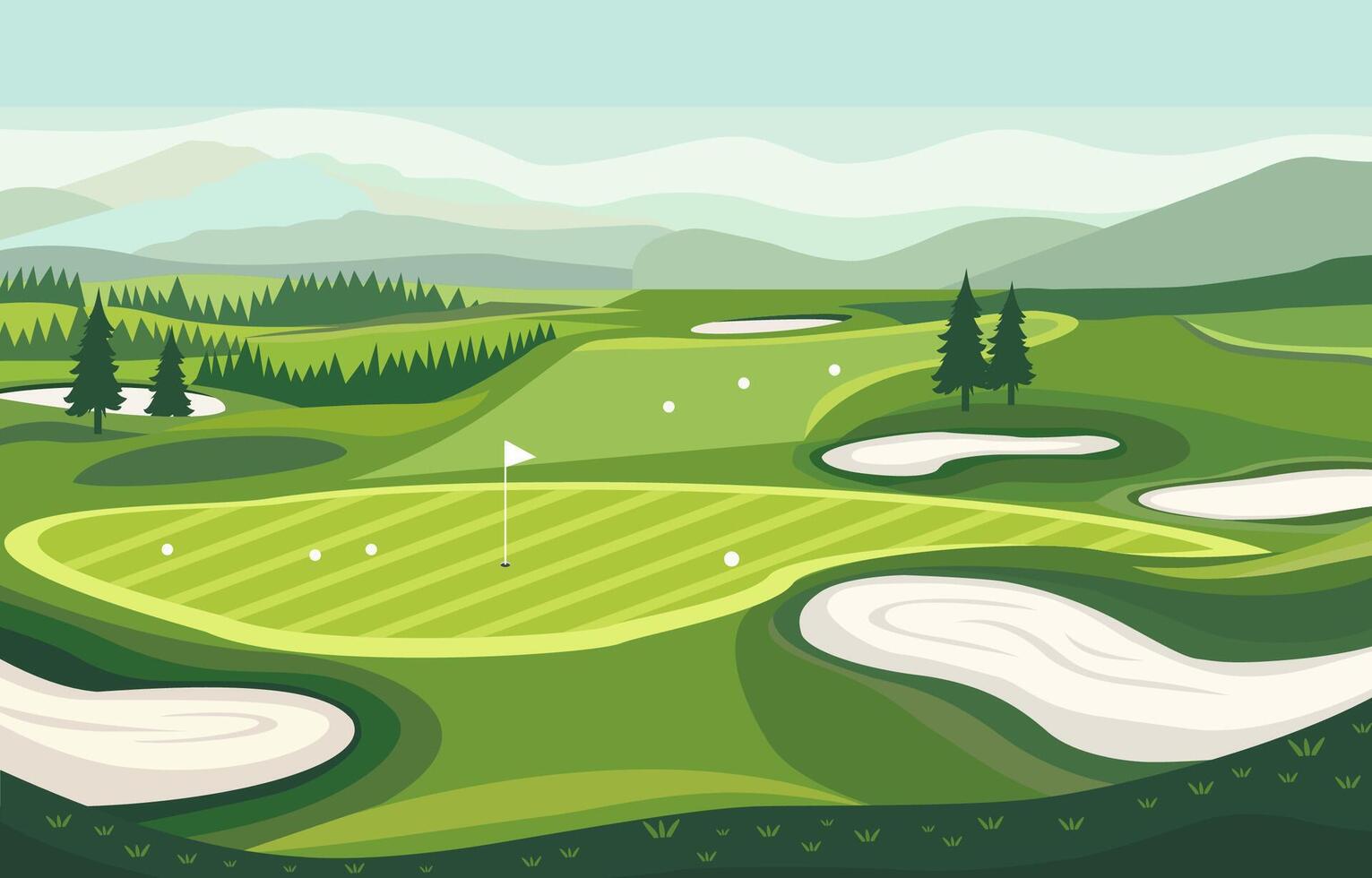 natura paesaggio di verde golf campo corso con collina montagna Visualizza nel luminosa giorno vettore