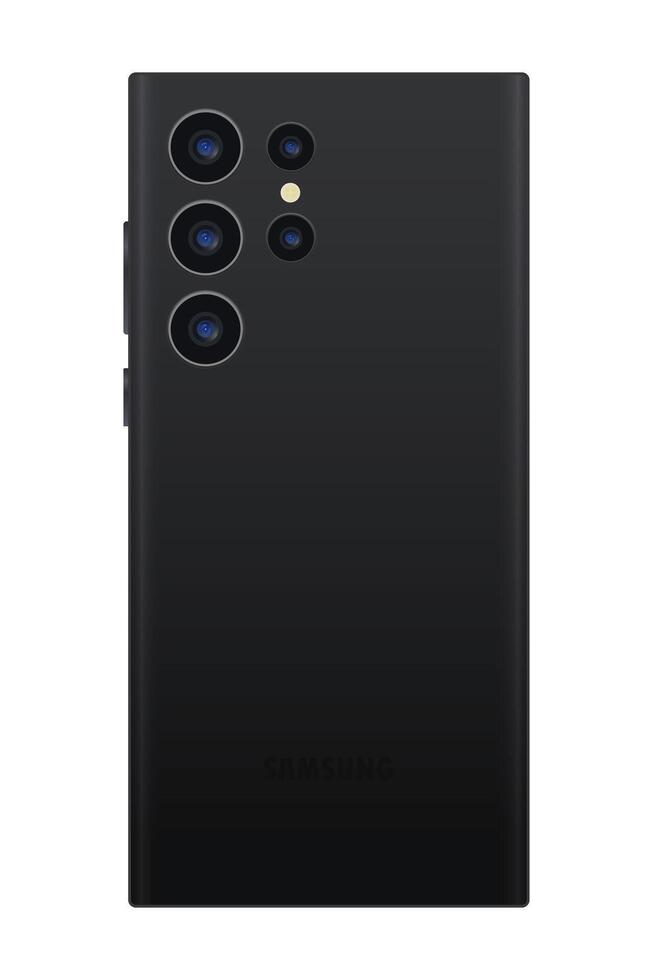 Samsung galassia S23 ultra. ufficiale presentazione di il nuovo fiore all'occhiello. nuovo generazione smartphone. Telefono con incorporato stilo. nero colore. originale sfondo su il schermo. editoriale vettore