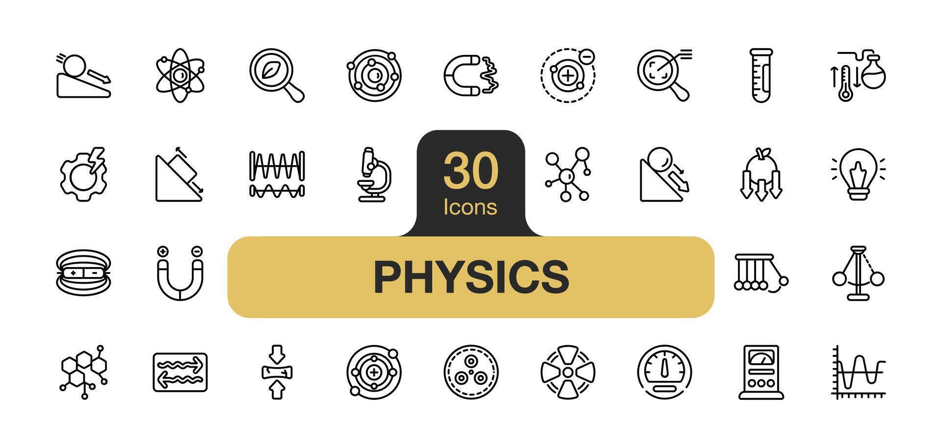 impostato di 30 fisica icona elemento imposta. include atomo, molecola, elettrone, protone, fotone, quark, microscopio, voltmetro, magnetismo, gravità, e di più. schema icone vettore collezione.