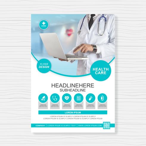 Copertura sanitaria design template a4 per un report e brochure design medico, volantino, decorazione volantini per la stampa e presentazione illustrazione vettoriale